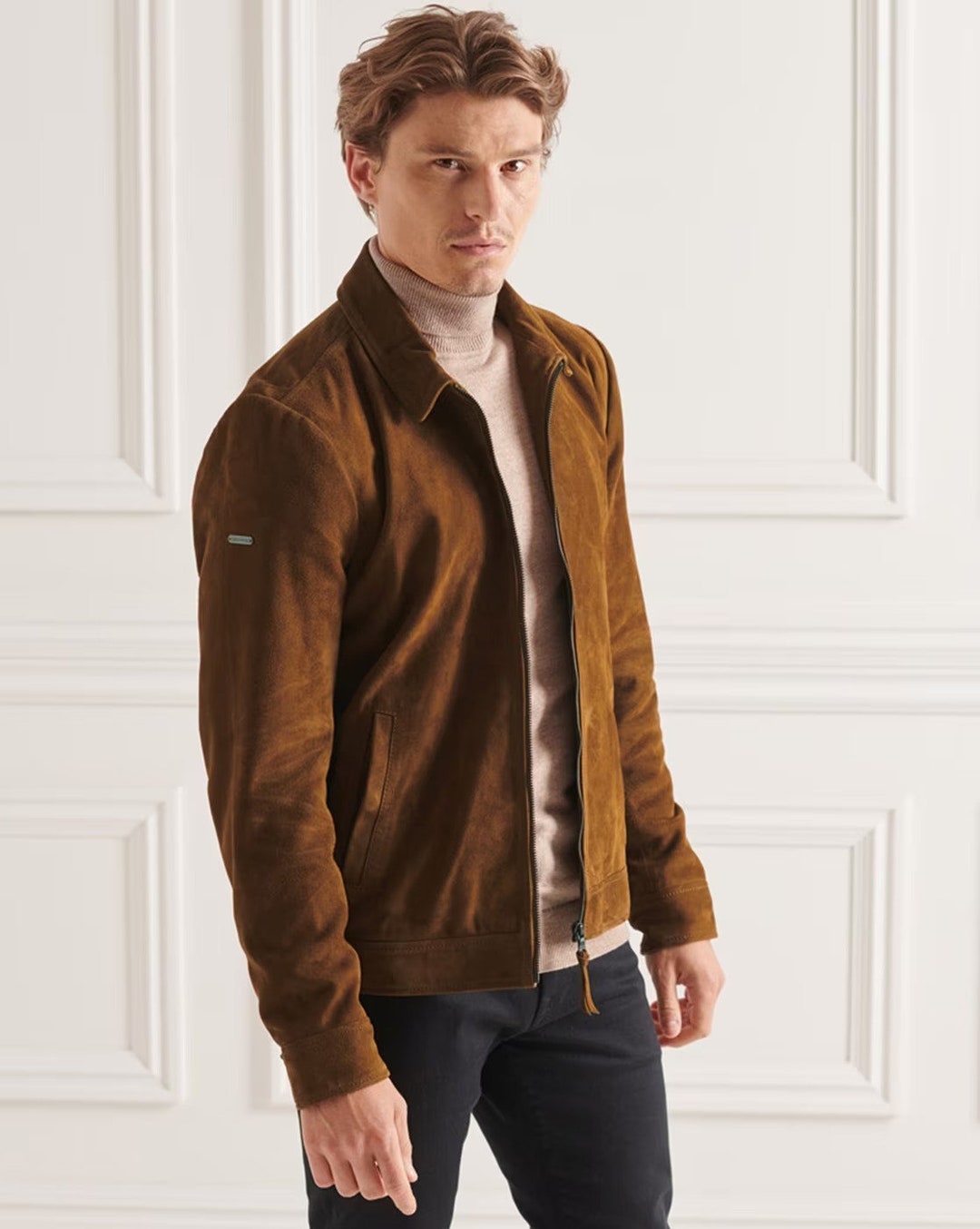 Men's Brown Goatskin Suede Harrington Jacket | Handmade Bomber