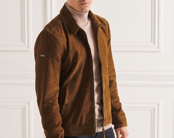 Chaqueta Harrington de ante de piel de cabra marrón para hombre / Chaqueta bomber hecha a mano