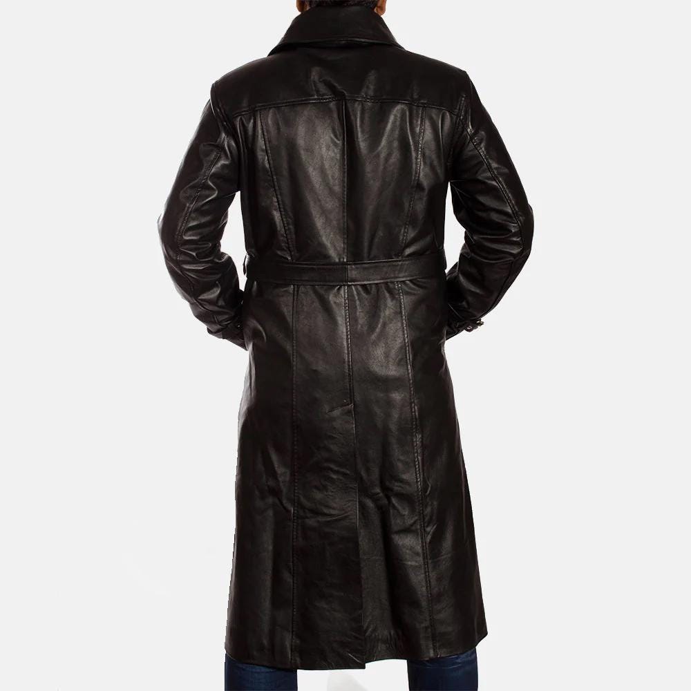 Mens Black Leather Trench Coat Full Length Duster Overcoat Classic