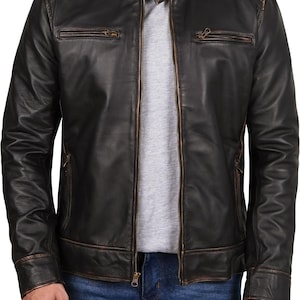 Blouson moto en cuir pour hommes - Blouson en cuir d'agneau véritable style Café Racer pour homme