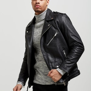 Handmade - Black Leather Winter Biker Men - Gents Sheepskin Black Leather Biker Jacket - Original Black Leather Motorcycle  for Men