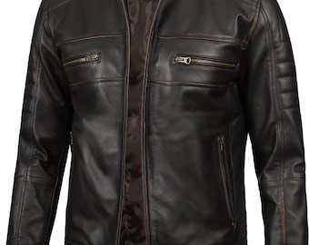 Motorradjacke aus dunklem Lammleder, Cafe-Racer-Stil mit Satinfutter