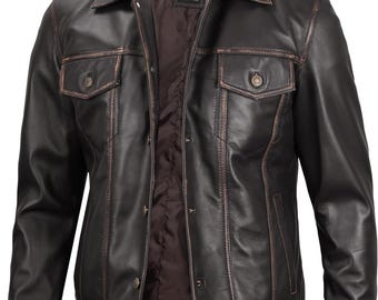 Mens Genuine Distressed Brown Trucker Vintage Real Leather Shirt Collar Style Jacket Outerwear Coat