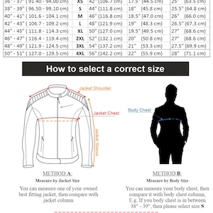 May include: Leather jacket size chart with measurements in inches and centimeters. The chart shows the corresponding jacket chest, shoulder, and sleeve sizes for different body chest measurements.