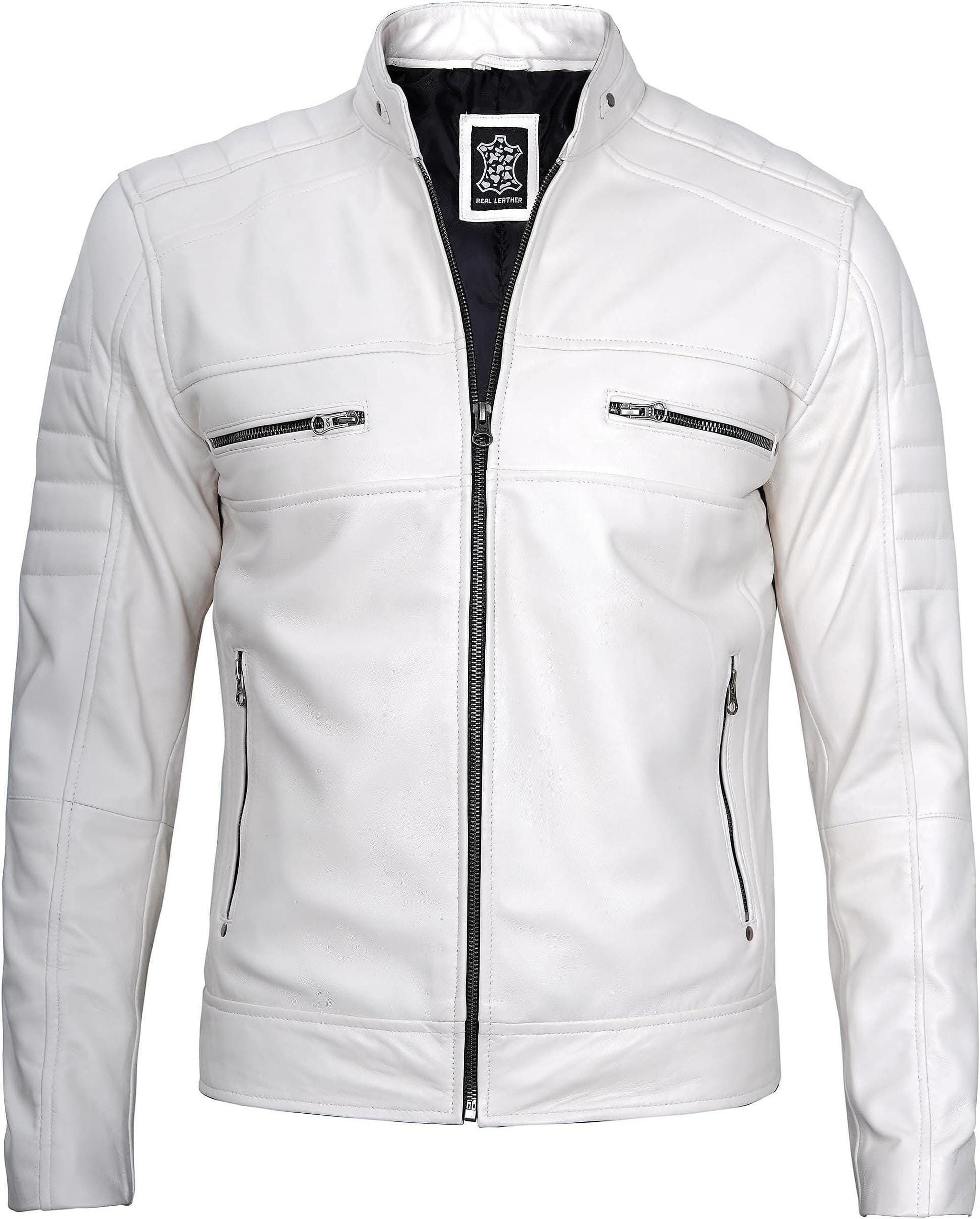 White Leather Jacket, Lambskin Cafe Racer With Black Satin Lining