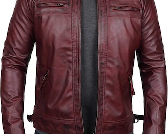 Mens Biker Jacket in Distressed Burgundy Leather, Quilted Cafe Racer Style with YKK Zip