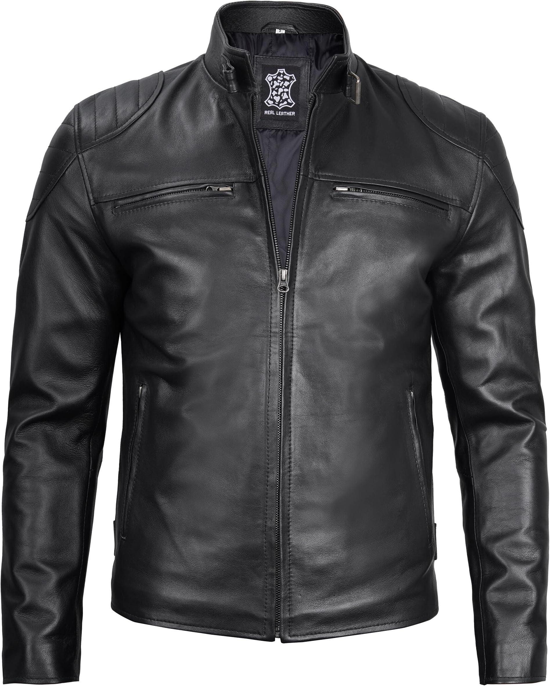 Men's Black Real Leather Jacket. Genuine Biker Motorcycle Cafe