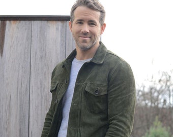 Men's Suede Leather Jacket Green Trucker Style Genuine Leather Coat | Casual Button Front Outerwear