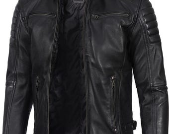 Black Biker Jacket in Genuine Leather, Quilted Shoulders and Satin Lining
