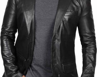 Slim Fit Black Leather Two Button Blazer – Men's Genuine Lambskin Sport Coat Outerwear