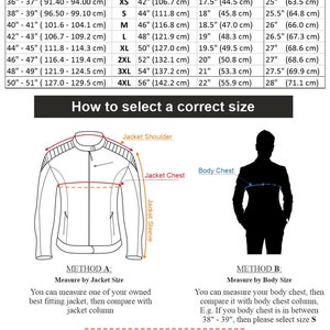 Puede incluir: Una tabla de tallas para chaquetas de cuero con instrucciones sobre c&oacute;mo medir para un ajuste personalizado. La tabla incluye medidas para el pecho, el hombro y la manga de la chaqueta en pulgadas y cent&iacute;metros. La tabla tambi&eacute;n incluye un diagrama que muestra c&oacute;mo medir una chaqueta y c&oacute;mo medir tu cuerpo.