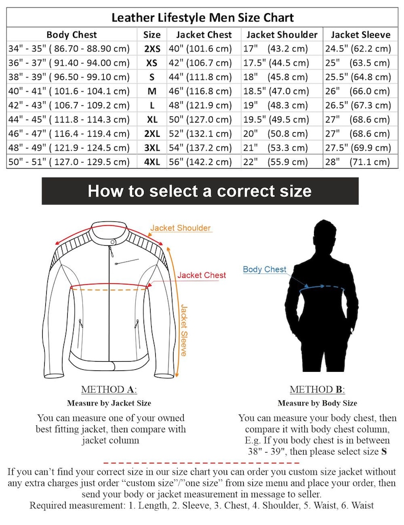 Puede incluir: Una tabla de tallas para chaquetas de cuero con instrucciones sobre c&oacute;mo medir para un ajuste personalizado. La tabla incluye medidas para el pecho, el hombro y la manga de la chaqueta en pulgadas y cent&iacute;metros. La tabla tambi&eacute;n incluye un diagrama que muestra c&oacute;mo medir una chaqueta y c&oacute;mo medir tu cuerpo.