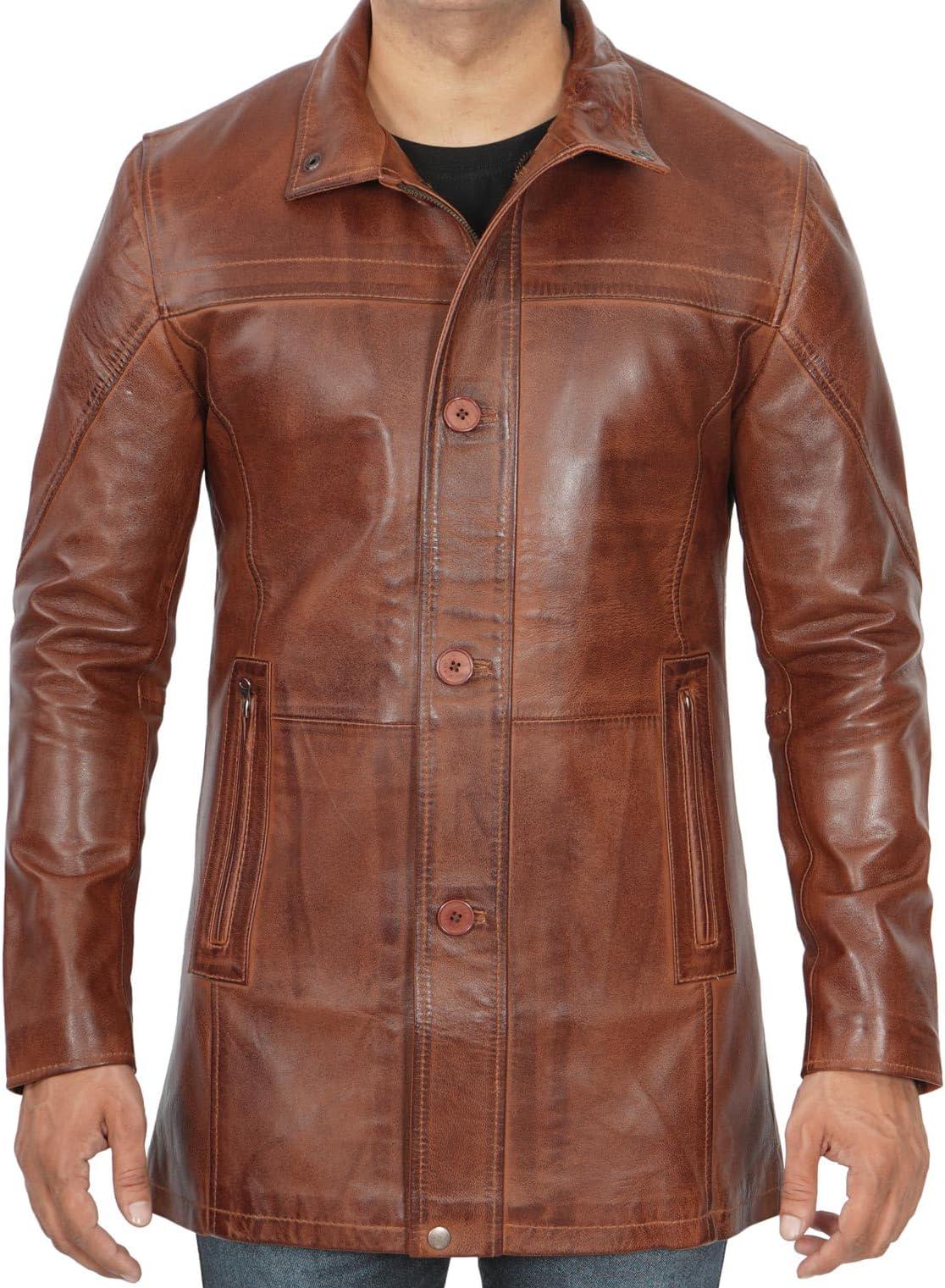 Distressed Brown Lambskin Leather Car Coat - Men's Long Trench