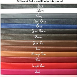 May include: A color chart showing different leather colors available for a product. The colors include black, white, gray, navy blue, blue, dark brown, brown, dark tan, tan, mango tan, red, light red, and pink.