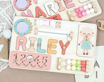 Wooden Busy Board, Personalised Name Busy Board, 1st Birthday, Gifts for Girls, Gifts for Boys, Nursery Decoration, Wooden Sensory Toys