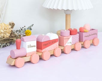 Gepersonaliseerde naam bouwsteen trein | een speciaal cadeau voor baby's | Verjaardagscadeaus voor kleine meisjes | Houten treinspeelgoed