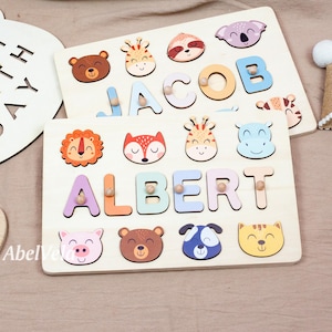 Rompecabezas personalizado con nombre de animal, decoración para habitación infantil, regalo de cumpleaños para bebés de 1 a 3 años, juguetes de madera, regalos conmemorativos para bebés.