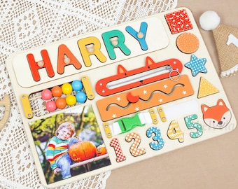 Wooden Busy Board,Custom Name Puzzle ,Personalized photos For Baby,Wooden Develop Education Montessori 1st Birthday Gift