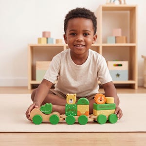 Könnte beinhalten: Ein hölzerner Spielzeugeisenbahnzug mit drei verbundenen Wagen und tierischen Bausteinen. Der Zug besteht aus einem grünen Krokodil, einem Bärenblock mit dem Namen Wesley und einem Löwenblock mit dem Text September 11, 2018, auf grünen Rädern.
