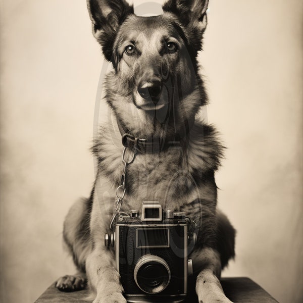 German Shepherd Art, Retro Camera Pet Poster, Dog Photography Print, Decor for Breed Enthusiasts & Collectors, Pet Art, Dog Art