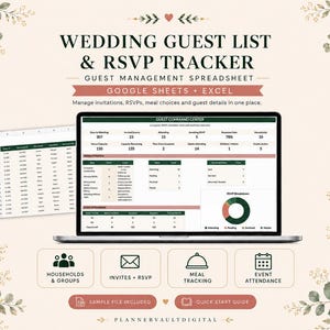 Peut inclure: Un tableur numérique de suivi des invités et des RSVP pour mariage, compatible avec Google Sheets et Excel. L'écran affiche un tableau de bord de gestion des invités avec des données, un graphique circulaire et quatre icônes thématiques.