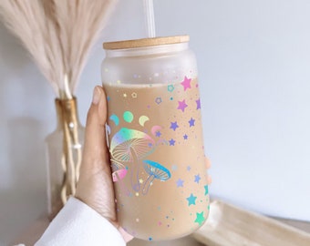 Mushroom Frosted Glass Can, Colorful Stars Frosted Glass Tumbler, Moon Phases Celestial Glass Can, Cute Starry Christmas Frosted Glass Can