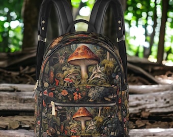 Dark Cottagecore Mushroom forest backpack, whimsical witchy Forager Mini Vegan leather Backpack, Cute Nature lover back to school day pack