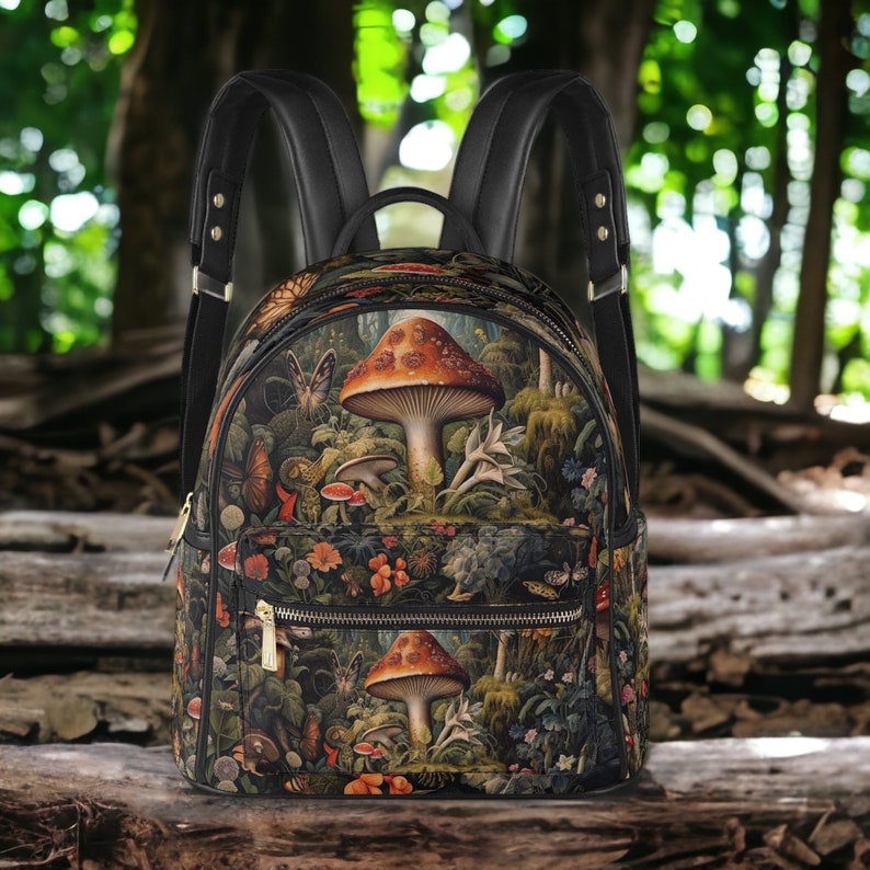 Dark Cottagecore Mushroom forest backpack, whimsical witchy Forager Mini Vegan leather Backpack, Cute Nature lover back to school day pack Backpack