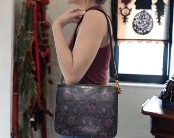 Dark Gothic Violet Roses PU Leather Shoulder Bag, Trendy Fashion Handbag for Girls & Moms, Vegan Leather Shoulder Bag, Adjustable Strap