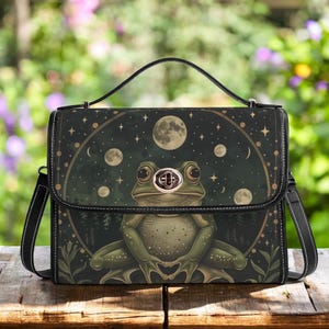 Frog and Moon Phase Witchy Leather Satchel, Witchy Cottagecore Crossbody Forestcore Bag, Organized Leather Botanical Bag, Goblincore Handbag