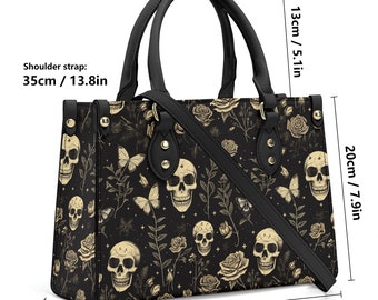 Gold Skull and Roses PU Leather Tote Bag, Goth Witch Trendy