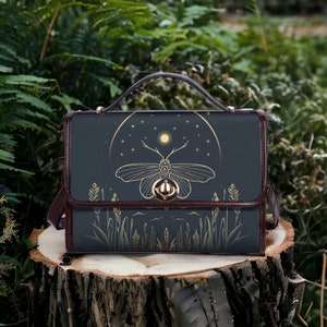 Cottagecore Moth and Moon Boho PU Leather Handbag, Cute Witchy Satchel Purse, Dark Cottagecore Bag, Moon Phases Goblincore Bag for Witches