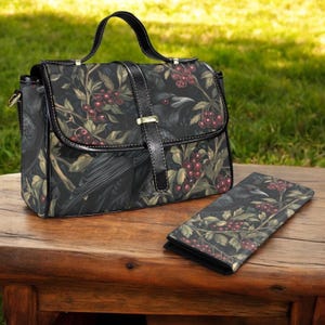 Witchy Raven and Wild Berries Boho Habdbag & wallet set, Cottagecore Handbag Gify Set, Goblincore Purse, Fairy Forest Boho Witchy Gift Set