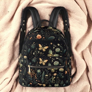 Dark Cottagecore Botanical Wildflowers Butterfly backpack, day pack vegan leather laptop carrier, padded school back pack dark academia bag