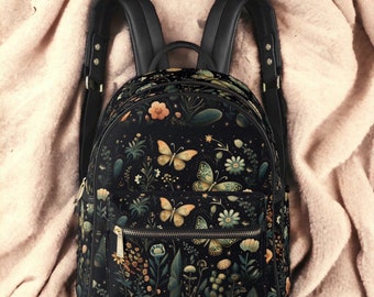 Dark Cottagecore Botanical Wildflowers Butterfly backpack, day pack vegan leather laptop carrier, padded school back pack dark academia bag