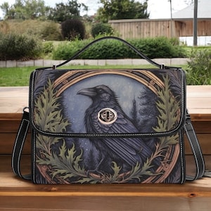 Goth Raven Satchel Bag, Cottagecore Goth Witch Crossbody Fern Forest Bag, Organized Witchcraft Bag, Gothic Crow Handbag Gift for Goths