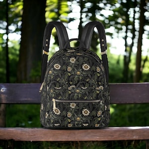 Sac à dos gothique en cuir végétalien marguerites sauvages, élégant petit sac à dos écologique Goblinecore pour femme, sac à accessoires de mode vert forêt