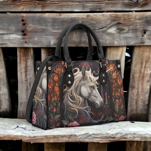 Sac à main en cuir végétalien licorne gothique foncé, sac à main licorne florale sorcière, sac cottagecore foncé, joli sac goblincore, sac sorcière en cuir végétalien