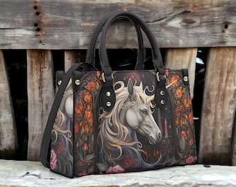 Dark Goth Unicorn Vegan Leather Handbag, Witchy Floral Unicorn Purse, Dark Cottagecore Bag, Cute Goblincore Bag, Vegan Leather Witchy Bag