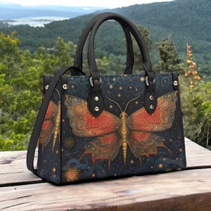 Cottagecore Celestial Moth Witchcraft PU Leather Handbag, Top Handle PU Leather Purse, Vegan Leather Luxury Boho Bag, Cute Witchy Purse