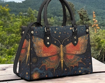 Celestial Moth PU Leather Handbag: Cottagecore Witchcraft Boho Purse
