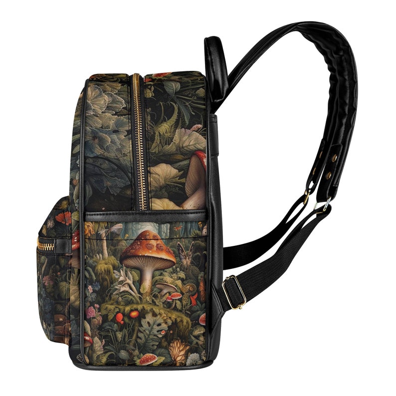 Dark Cottagecore Mushroom forest backpack, whimsical witchy Forager Mini Vegan leather Backpack, Cute Nature lover back to school day pack image 4