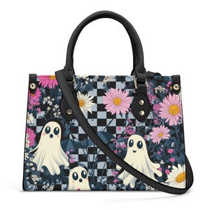 Ghosts and Daisies Checkered Handbag, Witchy Purse, Dark Cottagecore Bag, Organized Gothcore Bag for Witches, Vegan Leather Gothic Bag