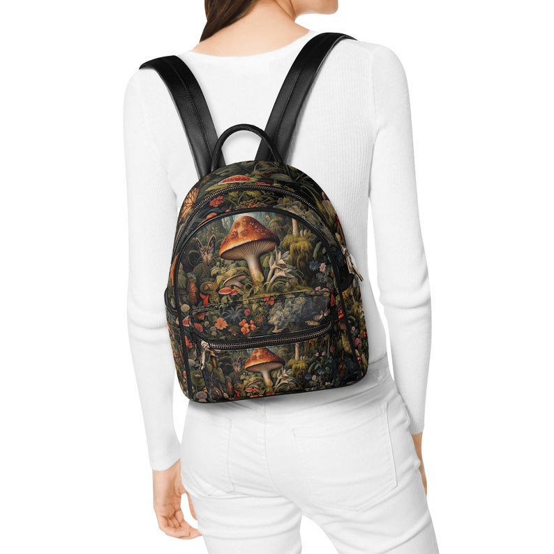 Dark Cottagecore Mushroom forest backpack, whimsical witchy Forager Mini Vegan leather Backpack, Cute Nature lover back to school day pack image 2