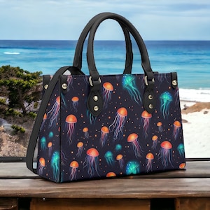 Witchy Neon blue Whimsical Jellyfish Vegan Leather bag, crossed body purse, vegan leather strap hand bag goth bag, cute hippies boho gift