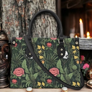Dark Botanical Gothic PU Leather Tote Bag, Wild Roses Handbag, Trendy Fashion Handbag for Girls, Moms Gift, Vegan Leather Handbag For Women,