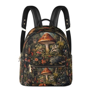 Dark Cottagecore Mushroom forest backpack, whimsical witchy Forager Mini Vegan leather Backpack, Cute Nature lover back to school day pack image 3