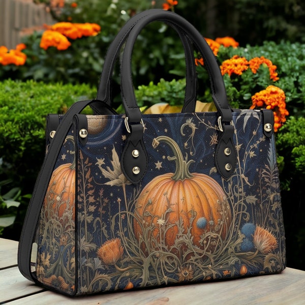 Gothic PU Leather Tote Bag, Cottagecore witch pumpkin Trendy Fashion Handbag, Dark academia Vegan Leather Handbag Gift Black Halloween Purse