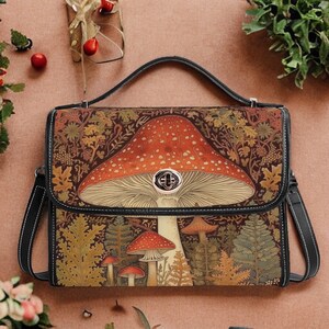 Cottagecore Witch PU Leather Satchel Bag, Boho Autumn Leaves Mushroom Crossbody Purse, Enchanting Goblincore Forest Bag, Mystical Boho Bag
