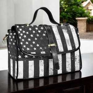 Bolso vintage negro de cuero PU con bandera de EE. UU., bolso bandolera crossbody, bolso bandolera de cuero vegano retro, bolso Patriot, bolso satchel de EE. UU.
